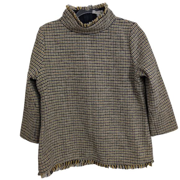 Ann Mashburn Ana Yellow Black Wool Tweed Fringe Top Size Medium - Picture 2 of 7